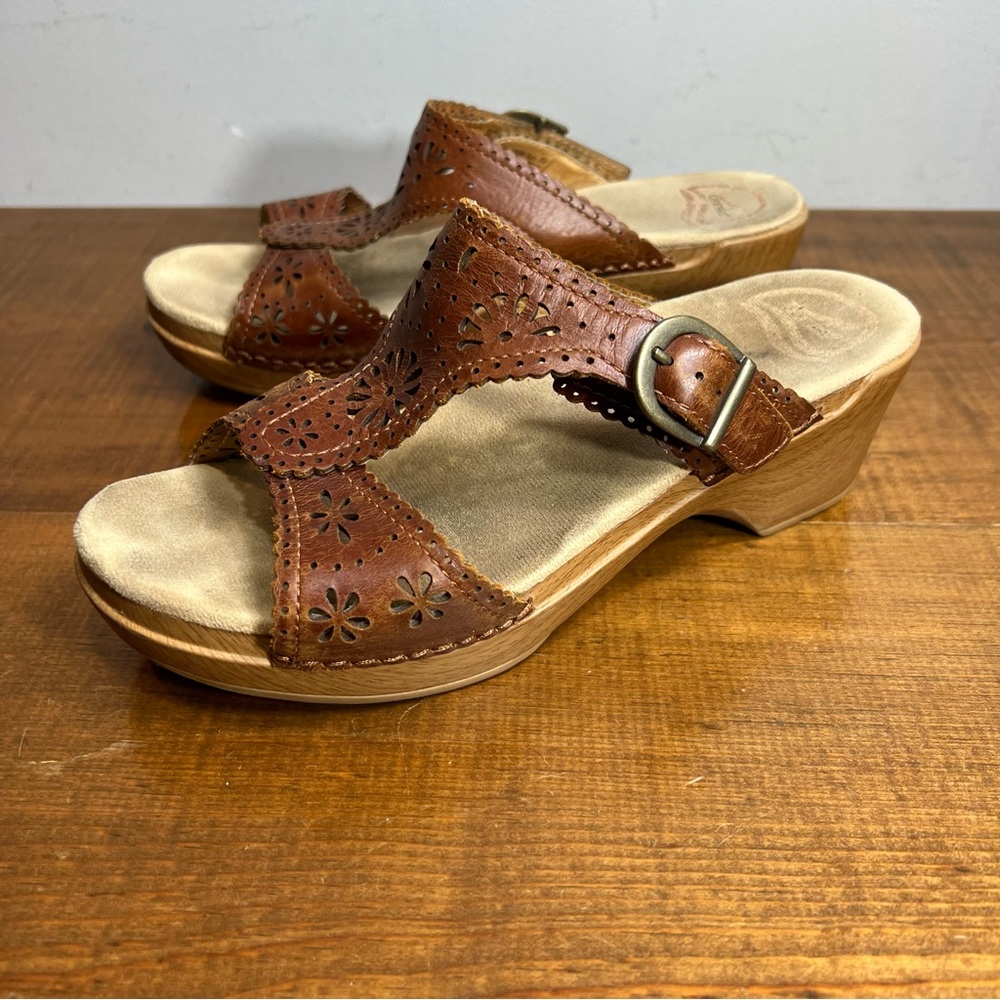 Dansko Sapphire brown leather floral cut out wedge platform sandals size 39